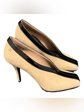 Suede kidskin & patent calfskin beige & black pump CHANEL AUTHENTIC WITH RECEIPT